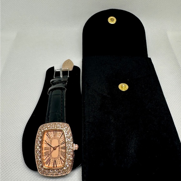Rose Gold Crystal Watch with Black Strap - Picture 2 of 3
